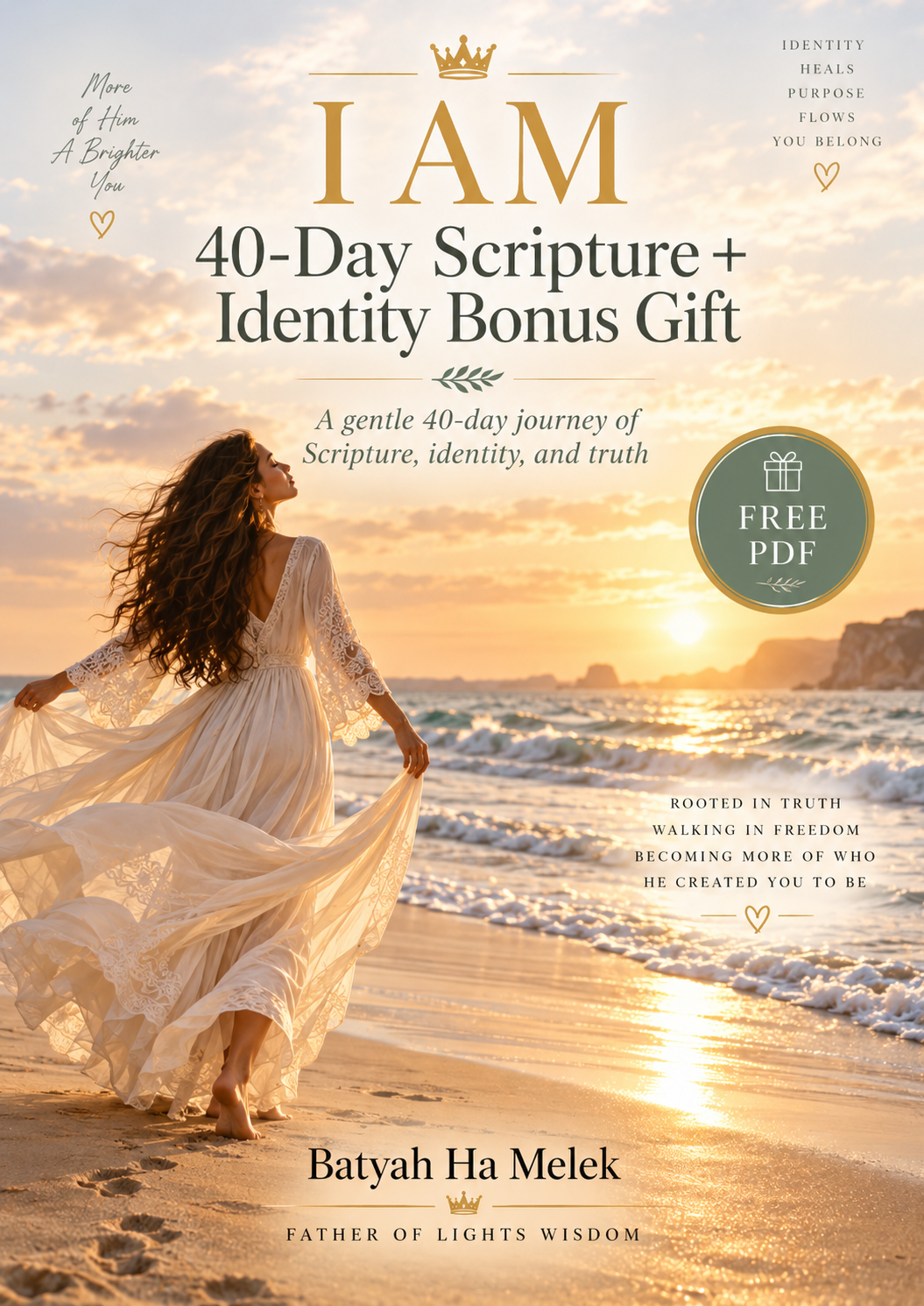 I AM 40-Day Scripture and Identity Journey beach cover with woman at golden hour
