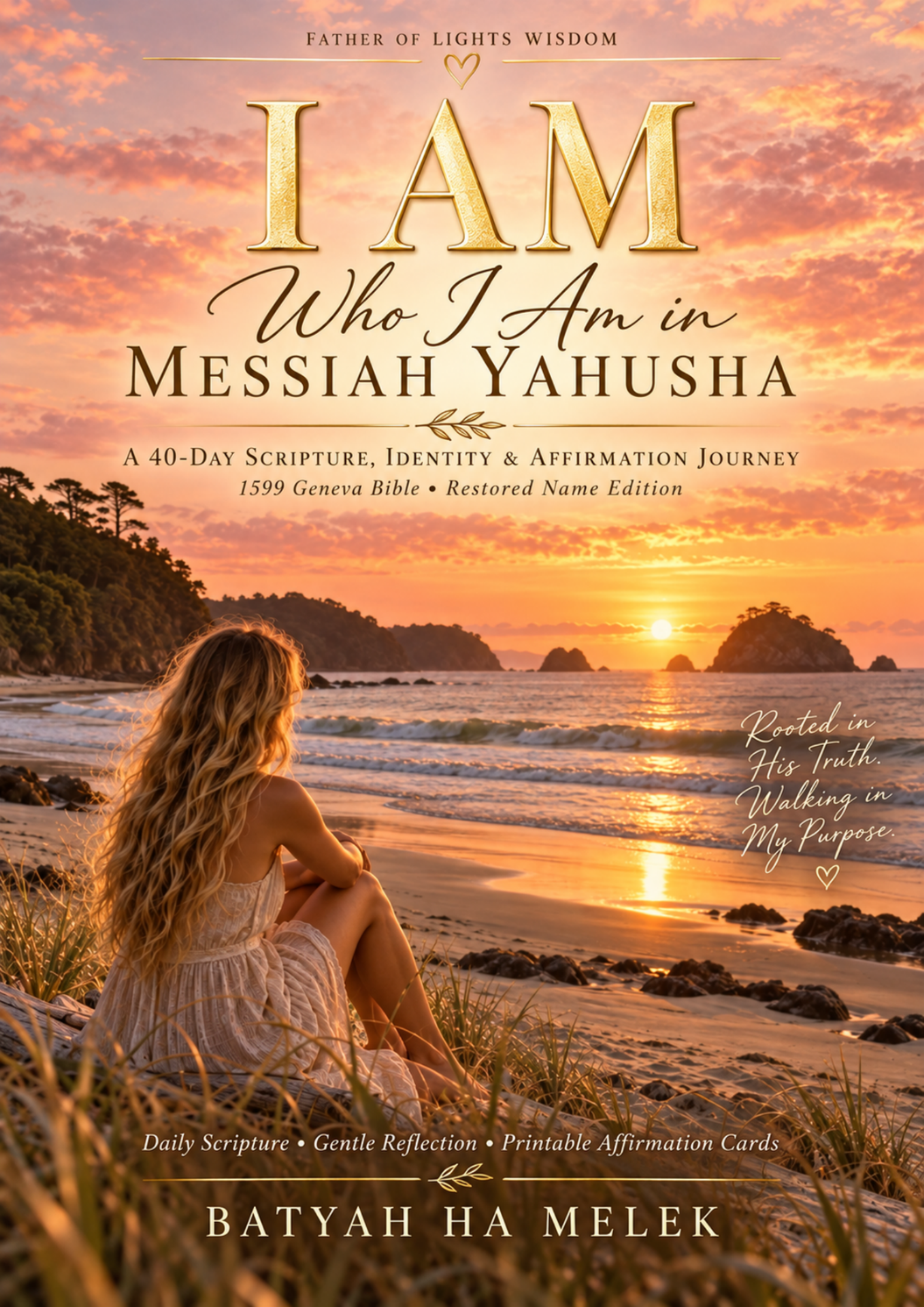 I AM Who I Am in Messiah Yahusha cover with blonde woman seated on the beach at sunset